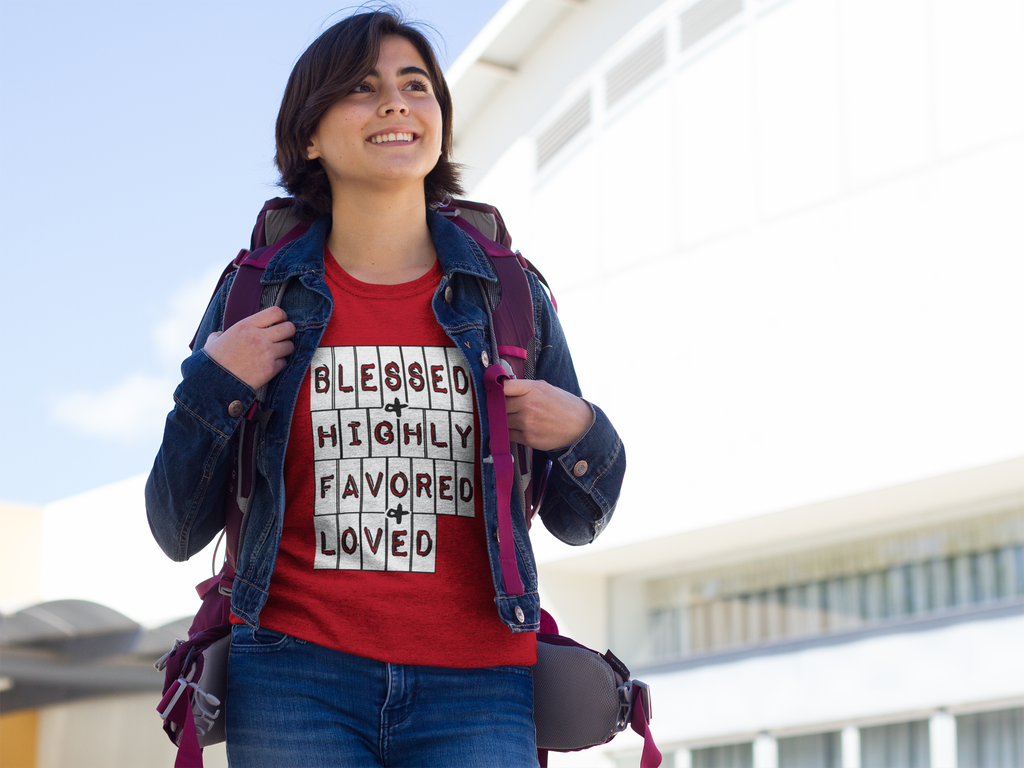 BLESSED HIGHLY FAVORED AND LOVED (Black, Navy and Red) - PeculiarPeople StandOut Christian Apparel